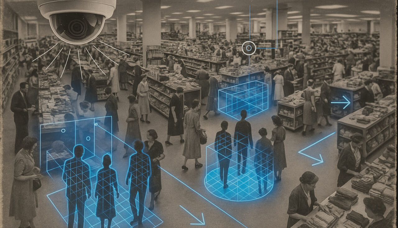 A bustling vintage department store photo with worn paper textures forms the background; overlaid ar