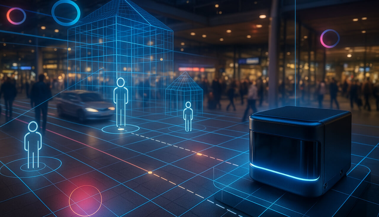 A vibrant, text-free scene of a modern airport or busy transportation hub shows a photorealistic LiD
